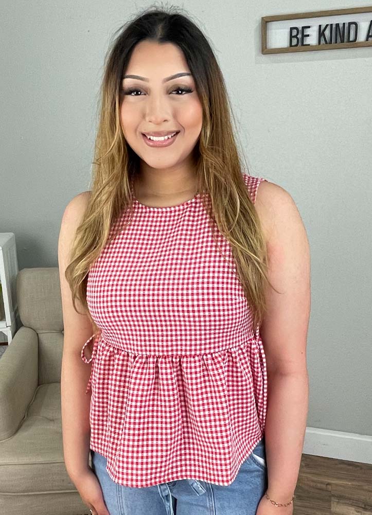 Gingham Sleeveless Peplum Top with Side Ties in Red by Hyfve