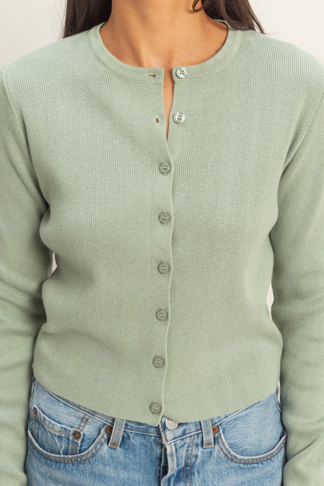 Ribbed Button Up Cardigan in Sage by Hyfve