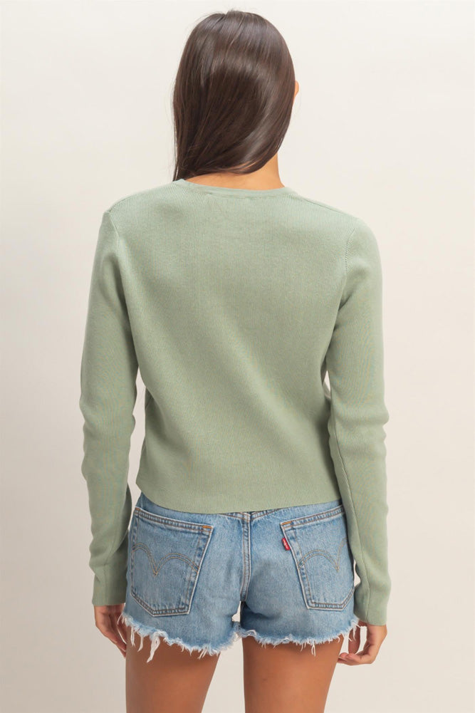 Ribbed Button Up Cardigan in Sage by Hyfve