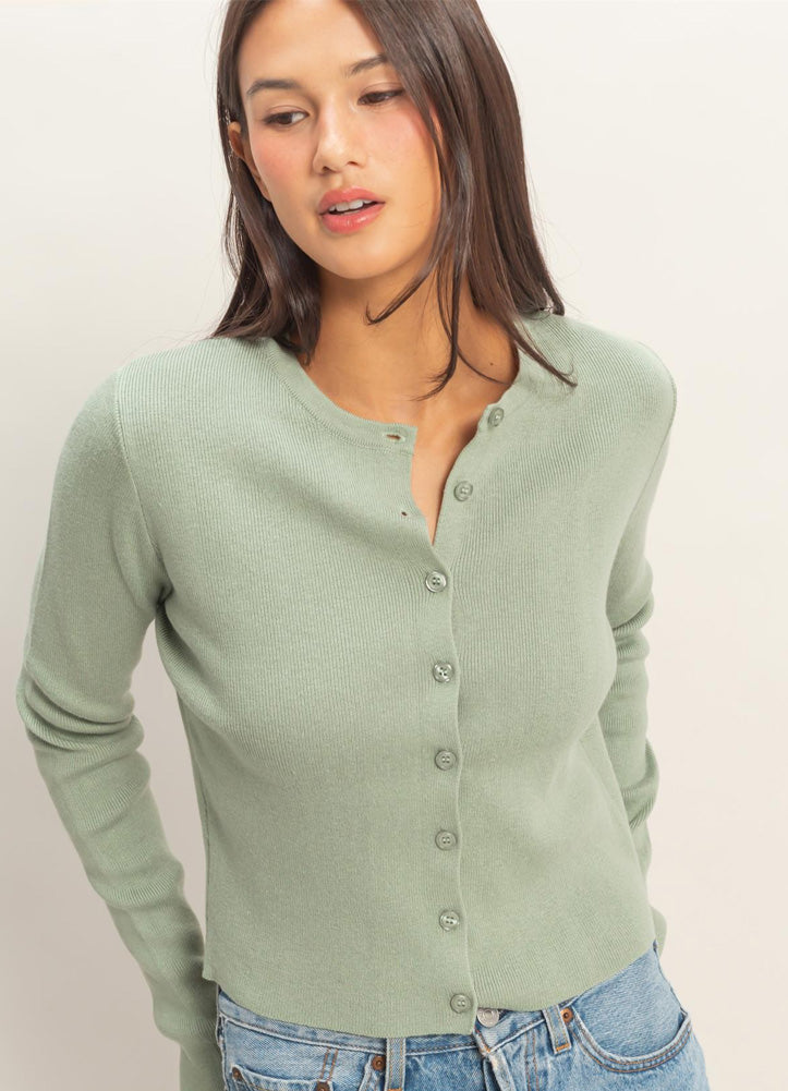 Ribbed Button Up Cardigan in Sage by Hyfve