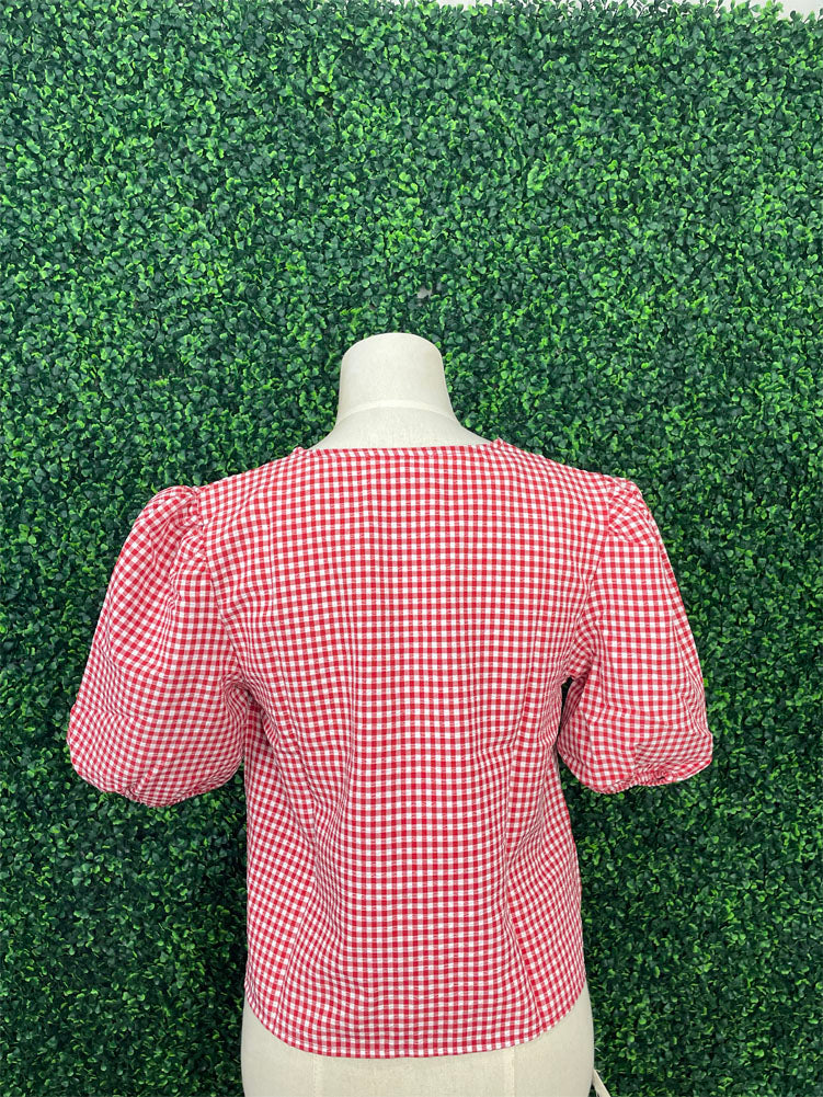 Gingham Bow Tie Puff Sleeve Blouse in Red by Hyfve
