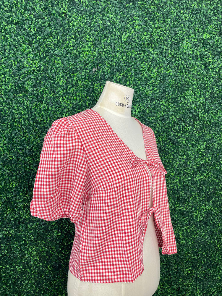 Gingham Bow Tie Puff Sleeve Blouse in Red by Hyfve