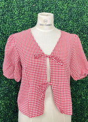 Gingham Bow Tie Puff Sleeve Blouse in Red by Hyfve