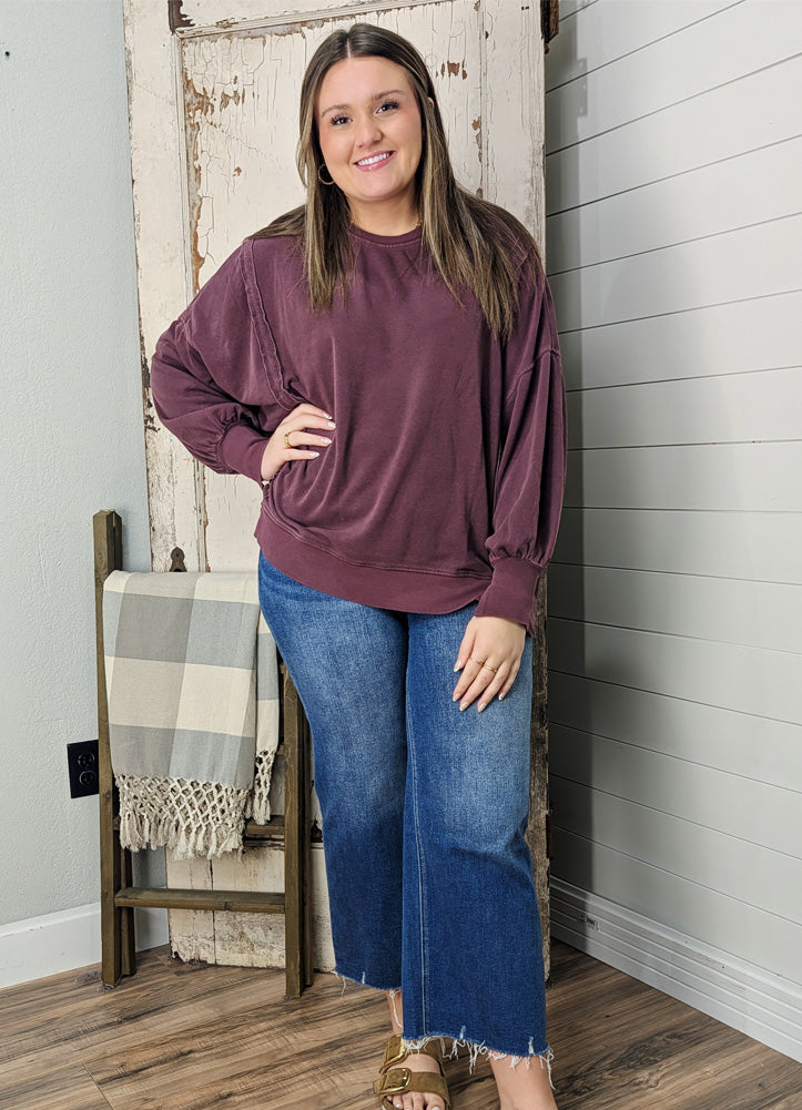 Pigment Dye Oversized Raw Edge Sweatshirt in Dark Cherry by Hyfve