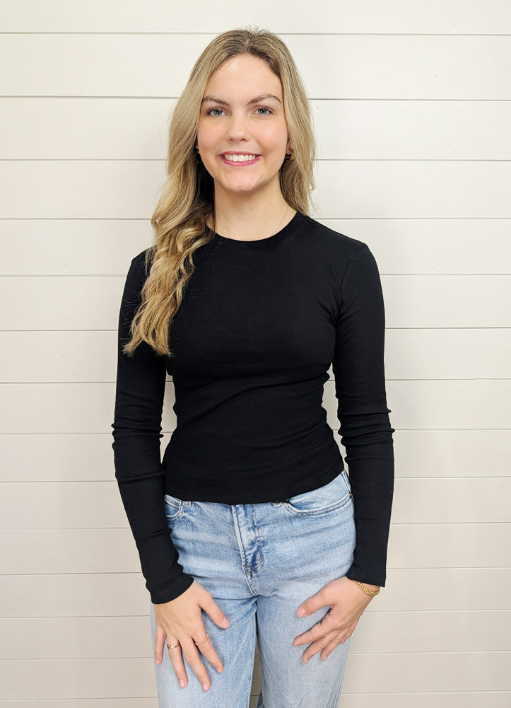 Solid LS Crew Neck Top in Black by Hyfve