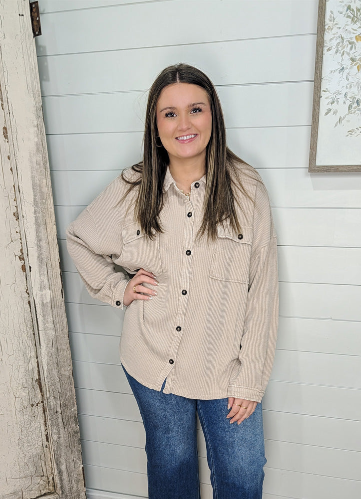 Mineral Washed Waffle Knit Shacket in Dark Taupe by Hyfve