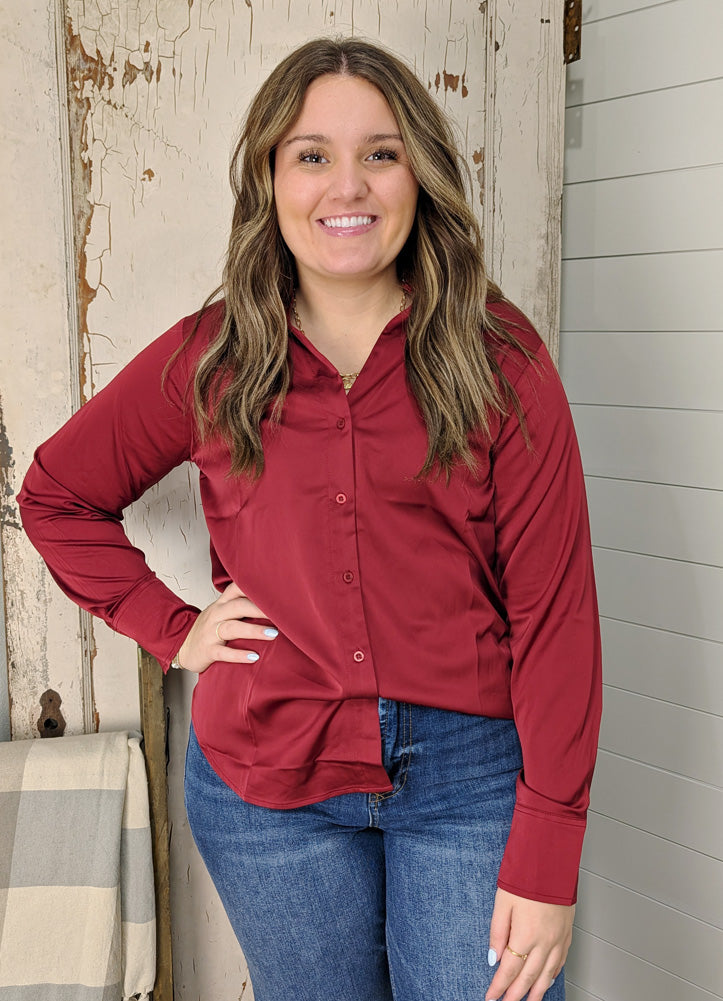 Satin Button Down in Burgundy by Hyfve