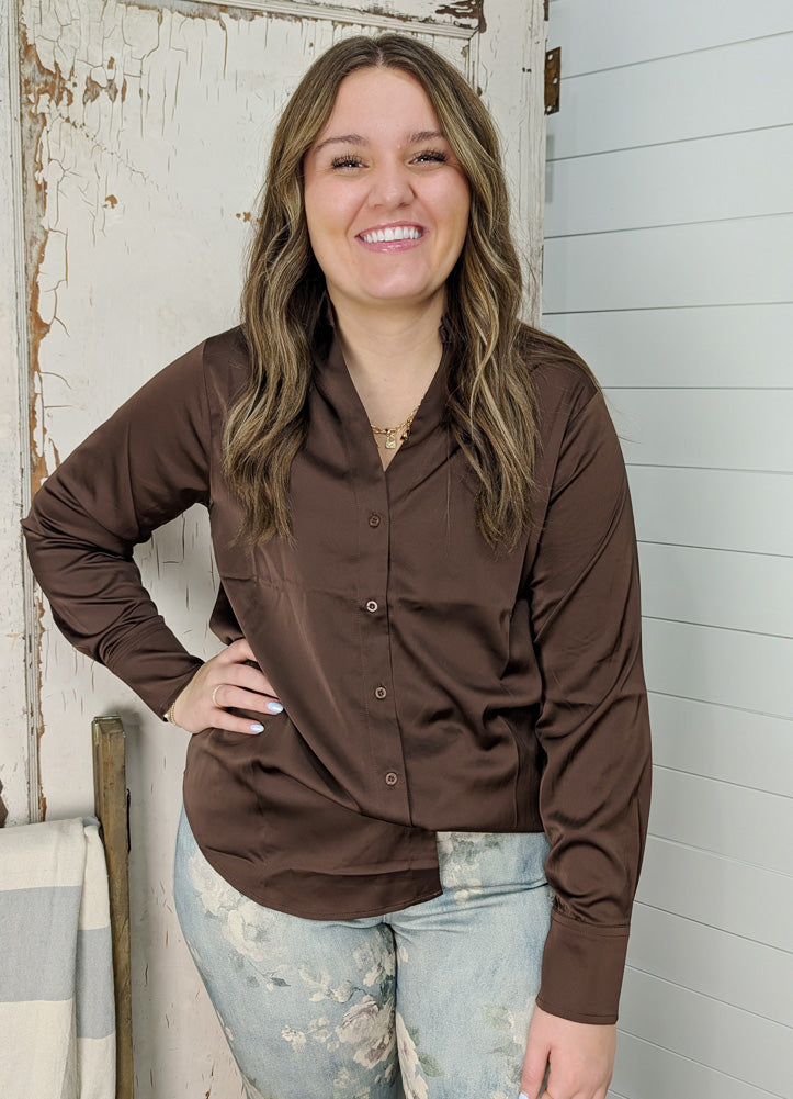 Satin Button Down in Dark Brown by Hyfve
