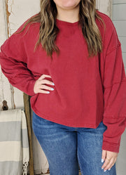 Mineral Wash Oversize Exposed Seam LS in Dark Red by Hyfve