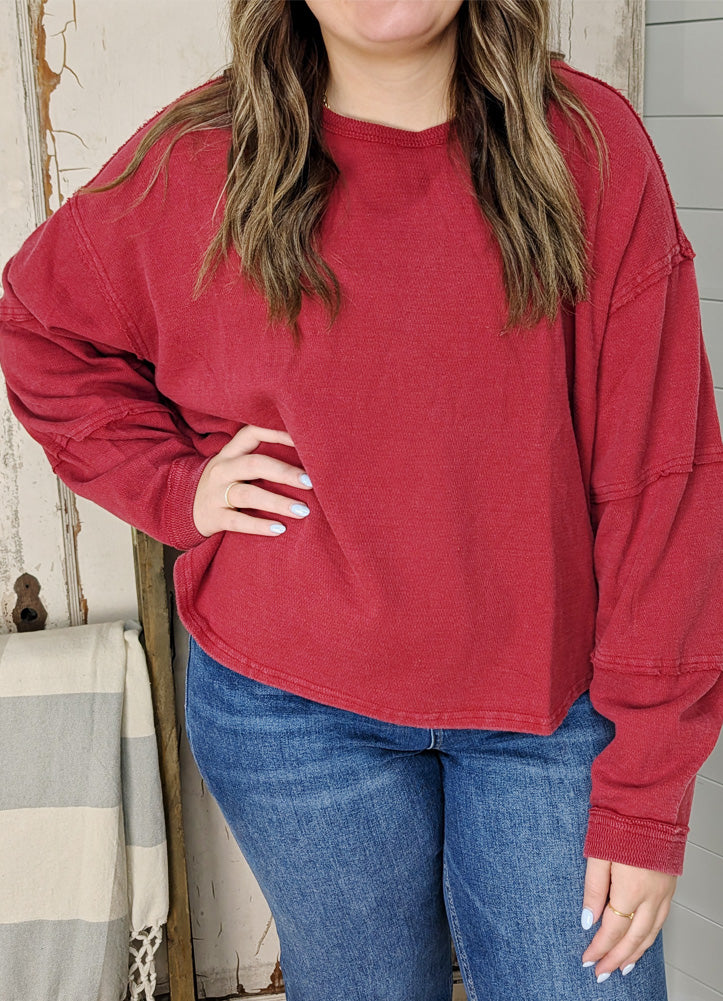 Mineral Wash Oversize Exposed Seam LS in Dark Red by Hyfve