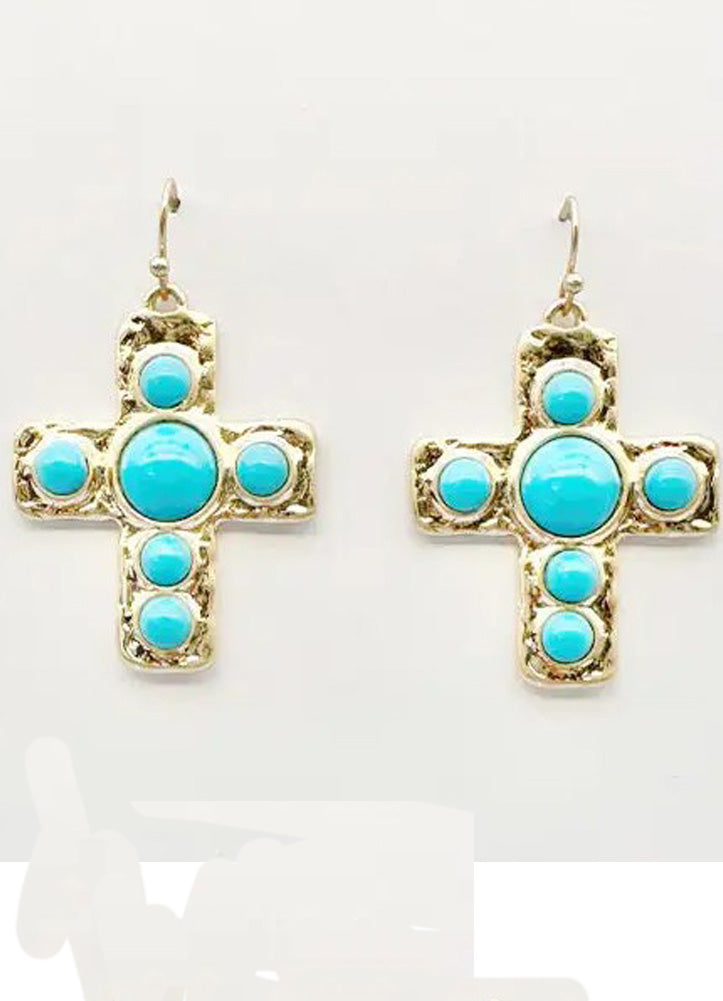 Gold Cross Earrings with Turquoise Bead Accents by Whats Hot