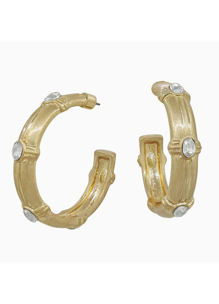 Hammered Hoop with Clear Crystal Earrings by Whats Hot