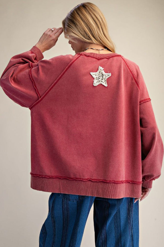 Star Patch Front Mineral Washed LS in Red by Easel