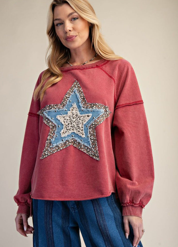 Star Patch Front Mineral Washed LS in Red by Easel