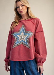 Star Patch Front Mineral Washed LS in Red by Easel