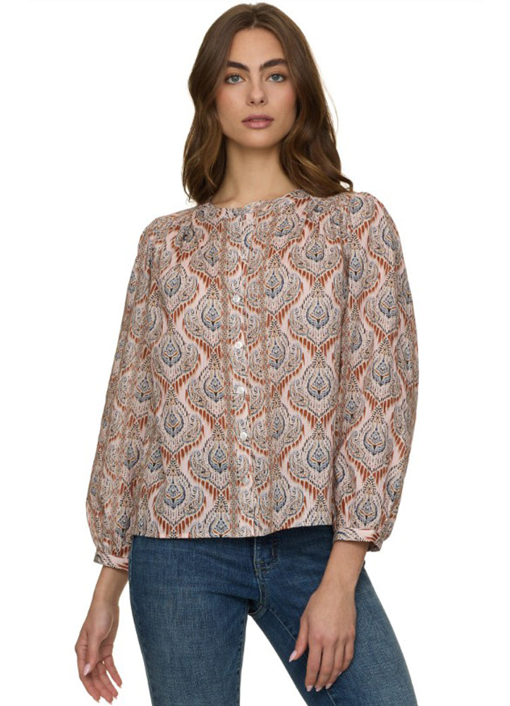 Camilla LS Printed Textured Blouse in Pink/Tan by Flag and Anthem