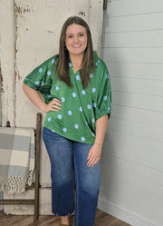 Drop Shoulder Polka Dot Satin Top in Green by Jodifl