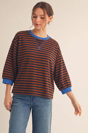 3/4 Sleeve Stripe Casual Top in Mocha/Navy by Jodifl