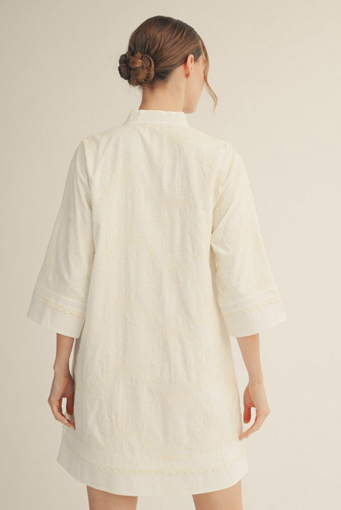 3/4 Sleeve Embroidered Shift Dress in Off White by Jodifl