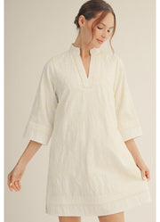 3/4 Sleeve Embroidered Shift Dress in Off White by Jodifl