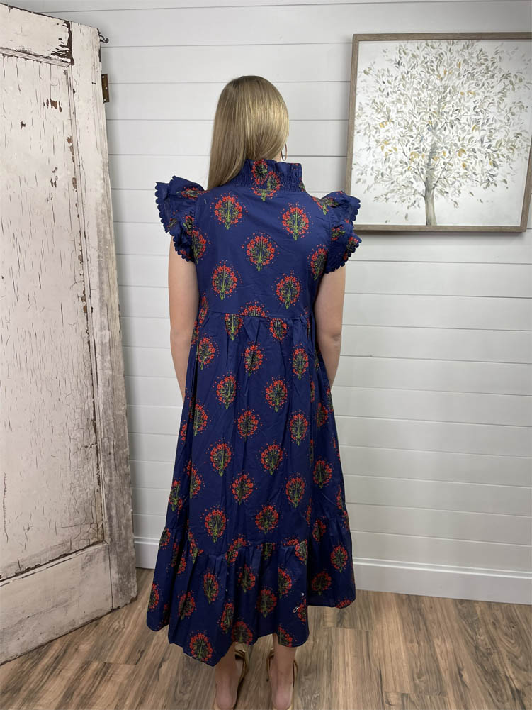 Layered Ruffle Cap Sleeve Floral Midi Dress in Navy by Jodifl