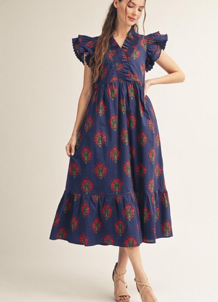 Layered Ruffle Cap Sleeve Floral Midi Dress in Navy by Jodifl