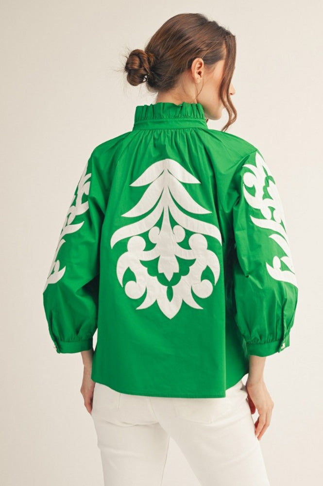 3/4 Sleeve Baroque Detail Top in Kelly Green by Jodifl