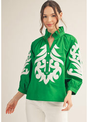 3/4 Sleeve Baroque Detail Top in Kelly Green by Jodifl