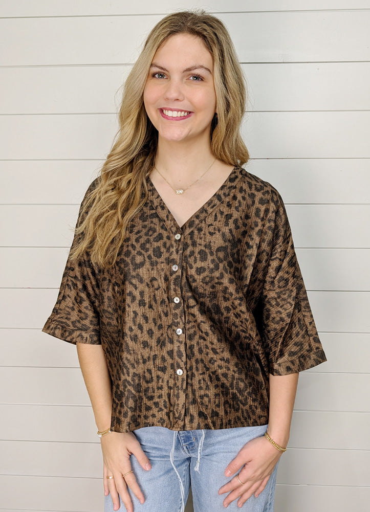 Drop Shoulder Button Down Metallic Leopard Print Top in Brown by Jodifl