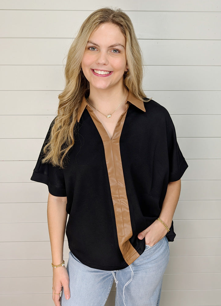 Drop Shoulder Solid Top with Faux Leather Contrast in Black by Jodifl