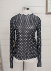 Polka Dot LS Mesh Top with Thumb Holes in Black by Jodifl