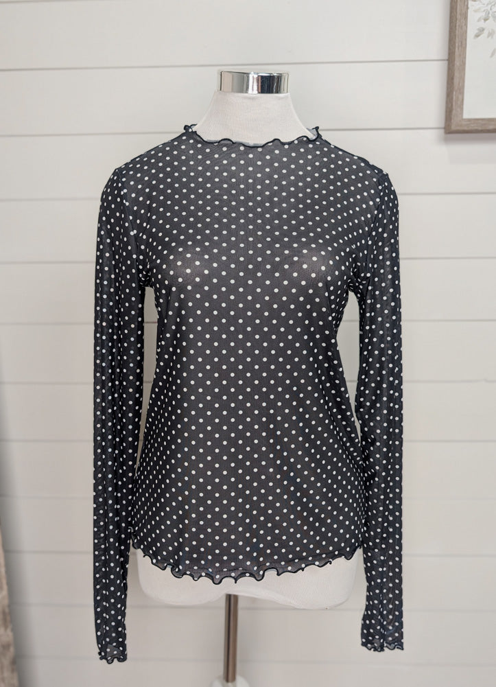 Polka Dot LS Mesh Top with Thumb Holes in Black by Jodifl