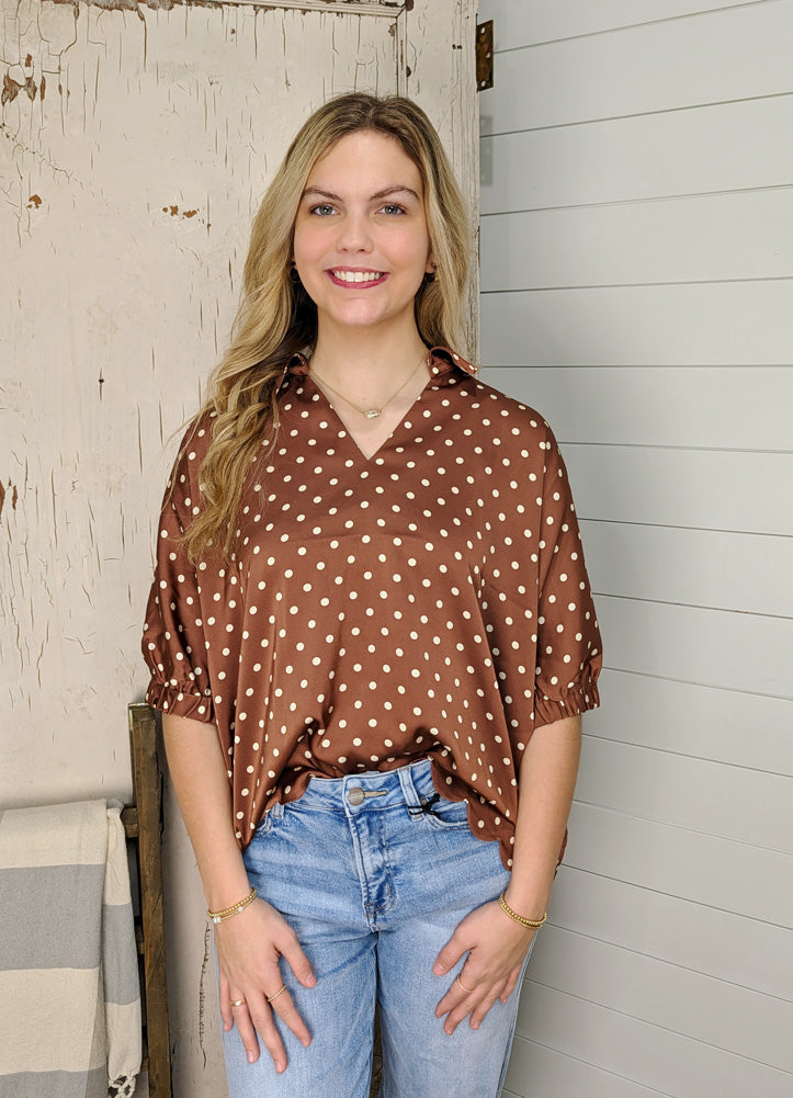 Drop Shoulder Half Dolman Sleeve Polka Dot Satin Top in Toffee by Jodifl