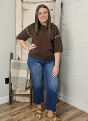 Drop Shoulder SS Sweater with Stitch Accents in Brown by Jodifl