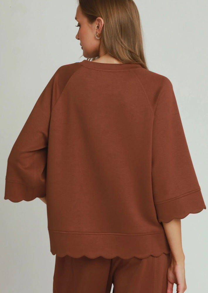 LuxeKnit Raglan Sleeve Top with Scallop Detail in Terracotta by Umgee