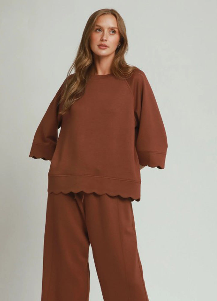 LuxeKnit Raglan Sleeve Top with Scallop Detail in Terracotta by Umgee
