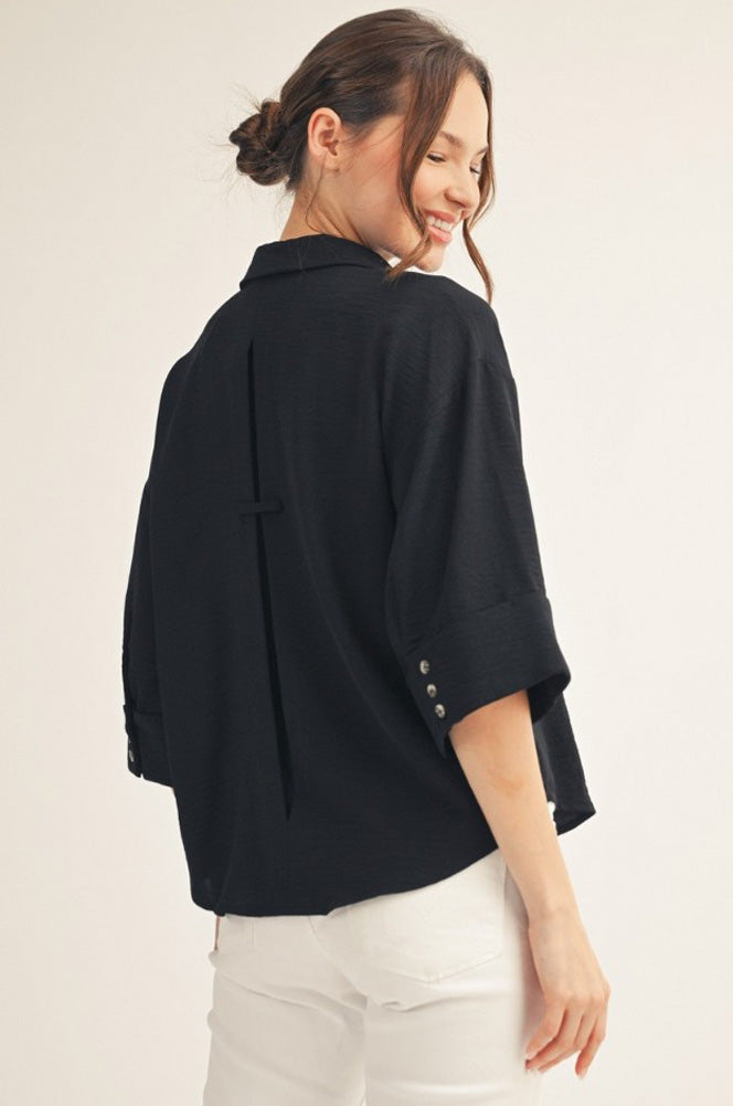 Drop Shoulder 3/4 Sleeve Button Down Solid Top in Black by Jodifl