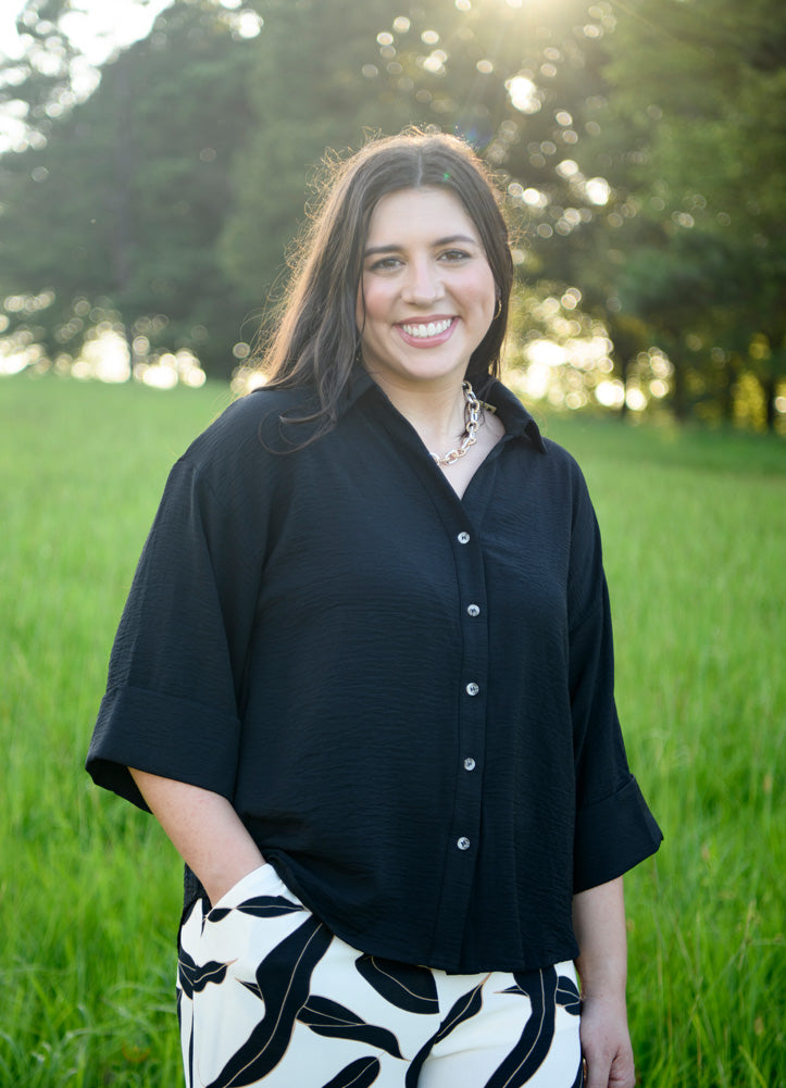 Drop Shoulder 3/4 Sleeve Button Down Solid Top in Black by Jodifl