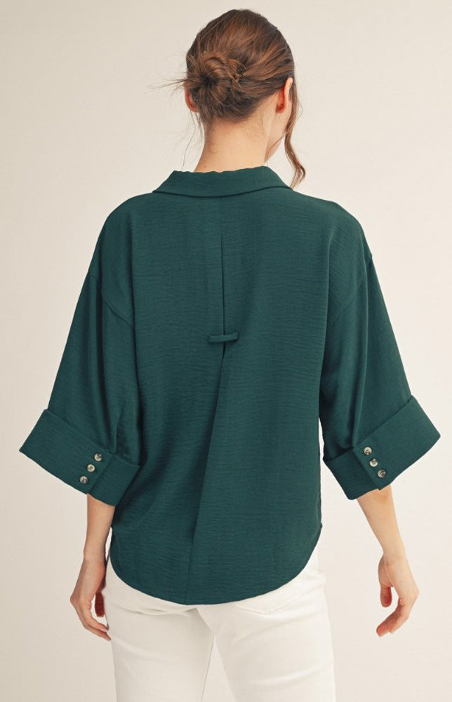 Drop Shoulder 3/4 Sleeve Button Down Solid Top in Green by Jodifl