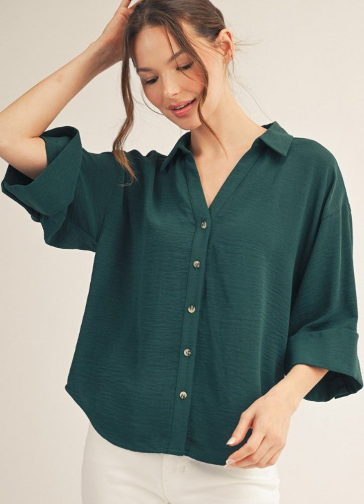 Drop Shoulder 3/4 Sleeve Button Down Solid Top in Green by Jodifl
