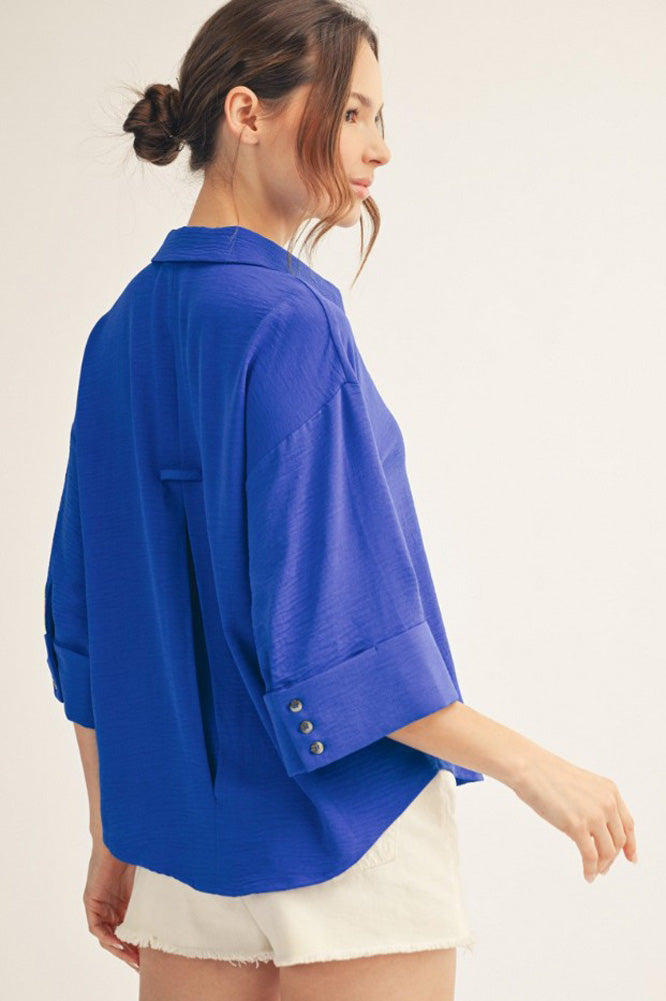 Drop Shoulder 3/4 Sleeve Button Down Solid Top in Ultra Royal by Jodifl