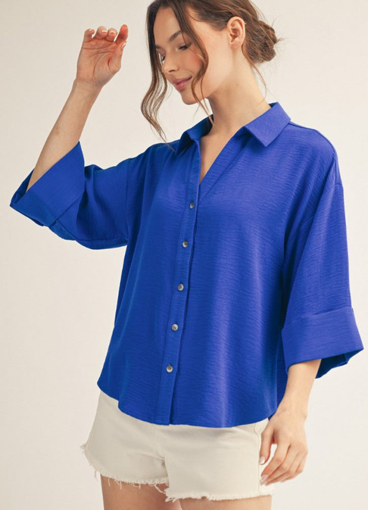 Drop Shoulder 3/4 Sleeve Button Down Solid Top in Ultra Royal by Jodifl