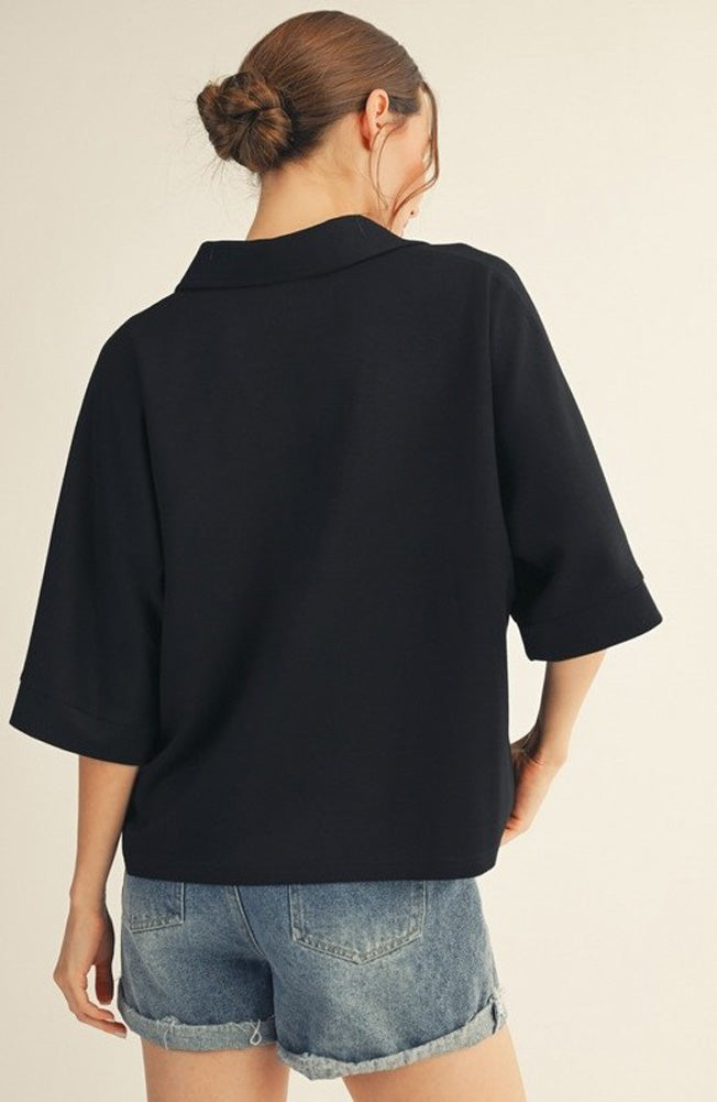 Plus Drop Shoulder Solid V Neck Top in Black by Jodifl