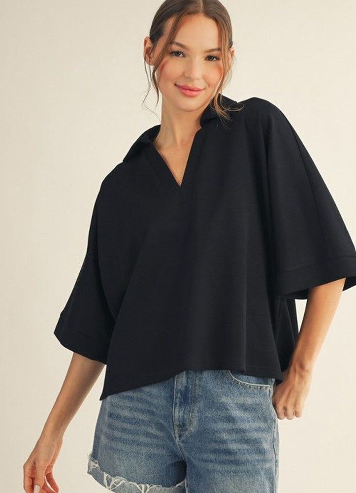 Plus Drop Shoulder Solid V Neck Top in Black by Jodifl
