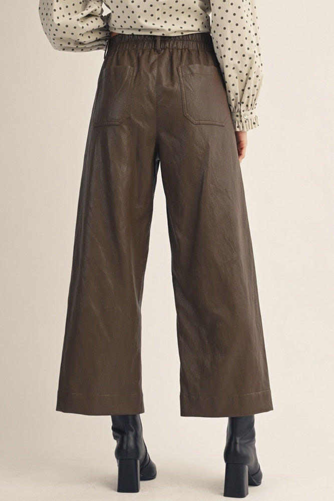 Wide Leg HW Vegan Leather Pants with Stud Accents in Brown by Jodifl