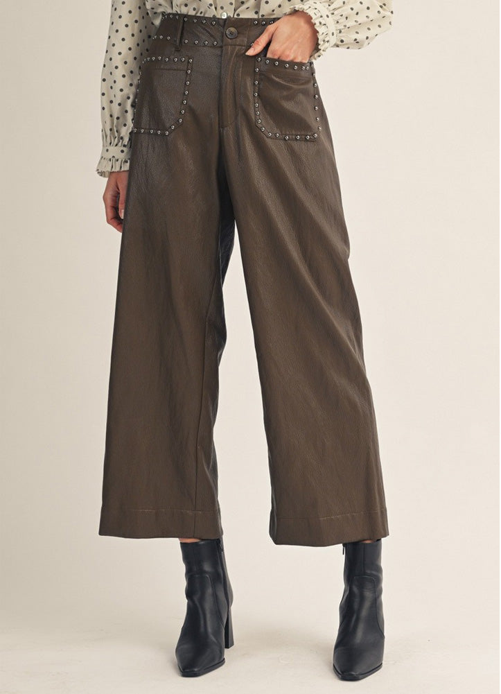 Wide Leg HW Vegan Leather Pants with Stud Accents in Brown by Jodifl
