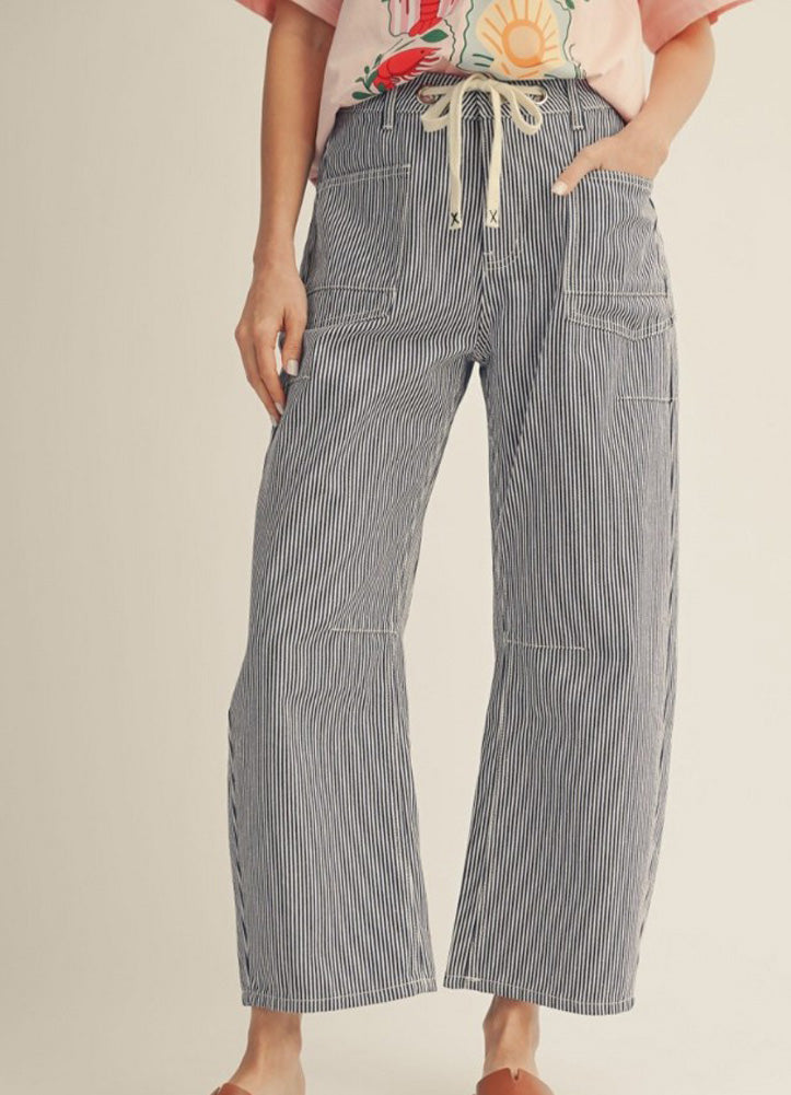 Plus Drawstring Striped Barrel Pants in Denim by Jodifl