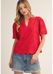 Puff Shoulder SS 3D Floral Top with Scallop Hem in Red by Jodifl