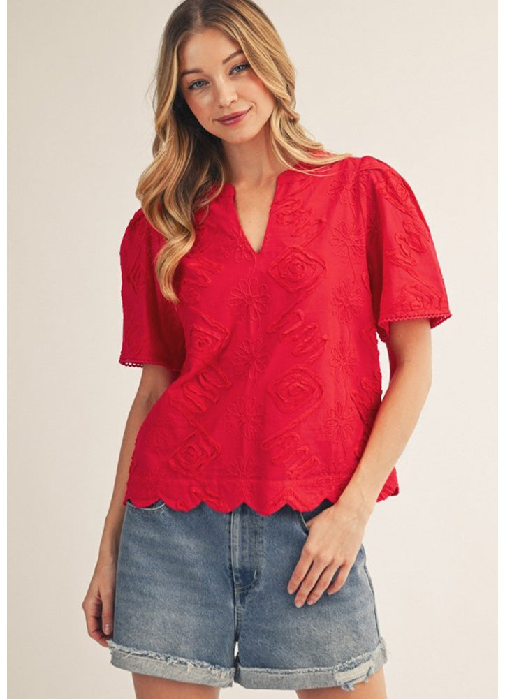 Puff Shoulder SS 3D Floral Top with Scallop Hem in Red by Jodifl
