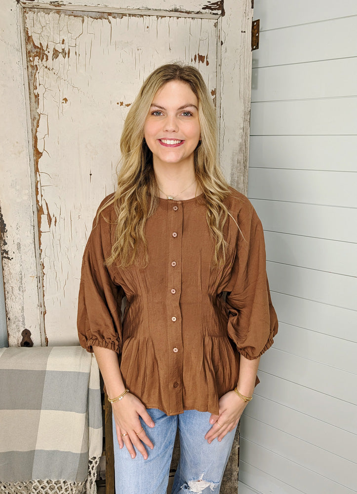 Drop Shoulder 3/4 Sleeve Peplum Top in Mocha by Jodifl